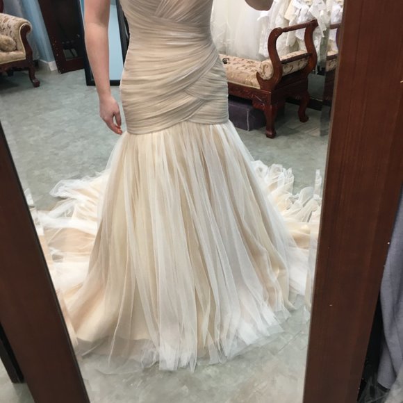 Sample Champagne Asymmetrical Ruched Fit & Flare Wedding Dress, Corset Laceup - Picture 8 of 12